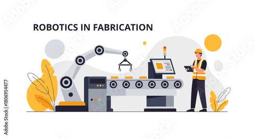 Automated industrial manufacturing process featuring robotic arm and human control interface