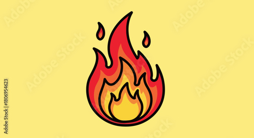 Stylized illustration of a vibrant fire icon with a yellow background.