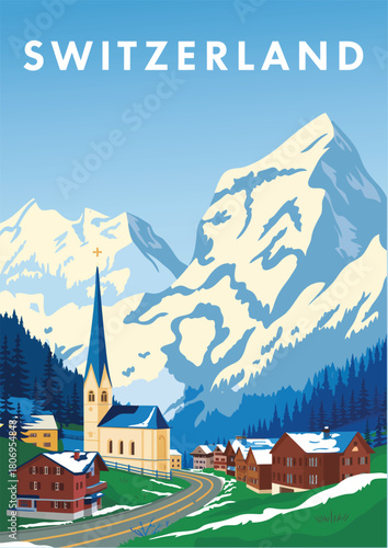 Switzerland travel retro poster, nature vintage banner, summer alps landscape, mountain austria village, flat vector illustration, scenic travel design, alpine adventure