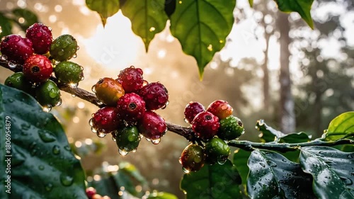 Lush coffee cherries ripen on branch with water droplets glistening in warm sunlight a vibrant