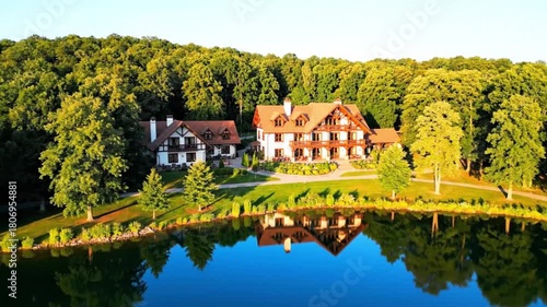 Lakeside Bavarian Style Chalet Estate Luxury Residence Serene Water Reflection Lush Green Forest