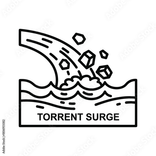 Torrent surge icon showing water and debris, isolated on