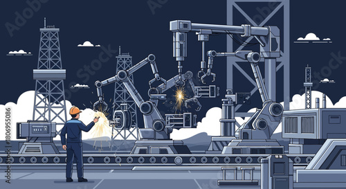 Automated manufacturing with robotic arms, controlled by worker in industrial setting under sky