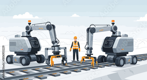 Automated rail maintenance futuristic construction with robotic assistance engineer supervision