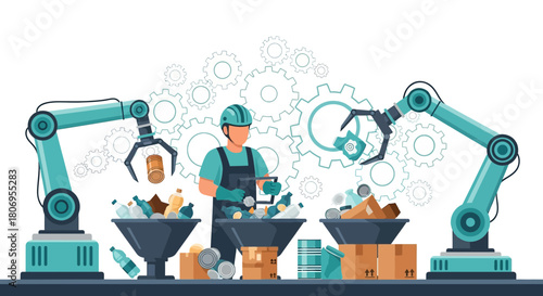 Automated recycling system with worker collaborating for efficient waste management process