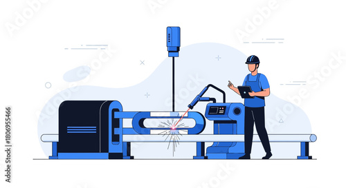 Automated welding process overseen by technician, demonstrating precision manufacturing automation