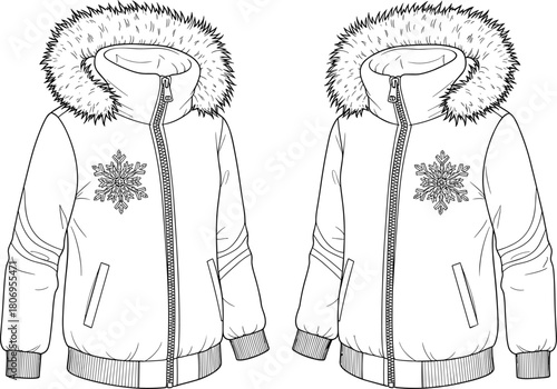 Warm Winter Puffer Jacket Technical Flat Sketch Vector with Fur Trim Hood, Ribbed Hem, and Decorative Snowflake Motif