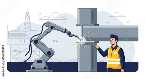 Automated welding system at an offshore platform industrial engineer inspecting the work