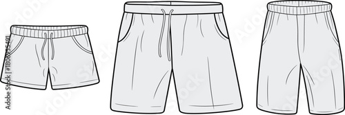Cad drawing flat vector illustration of men’s and boys’ shorts technical sketch, casual elastic waist shorts fashion flat template design