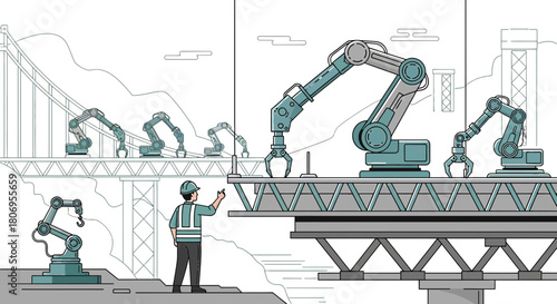 Automation construction of a bridge with robotic arms and a construction worker supervising the