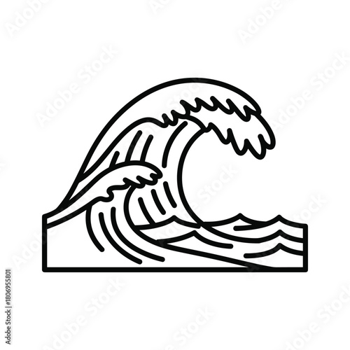 Bold black and white line art depicting a powerful ocean wave breaking