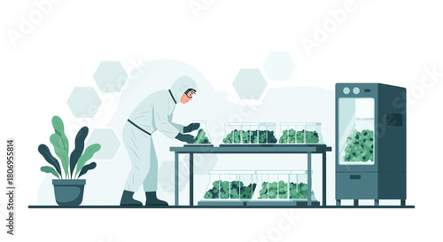 Botanical Research Laboratory: Scientist Examining Plant Specimens in Controlled Environment