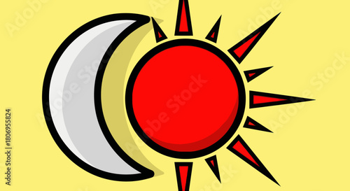 Stylized illustration of a crescent moon and a radiant sun side by side.