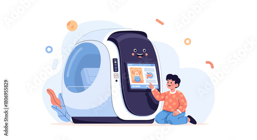 Boy interacting with futuristic capsule technology with interactive screen for digital experience