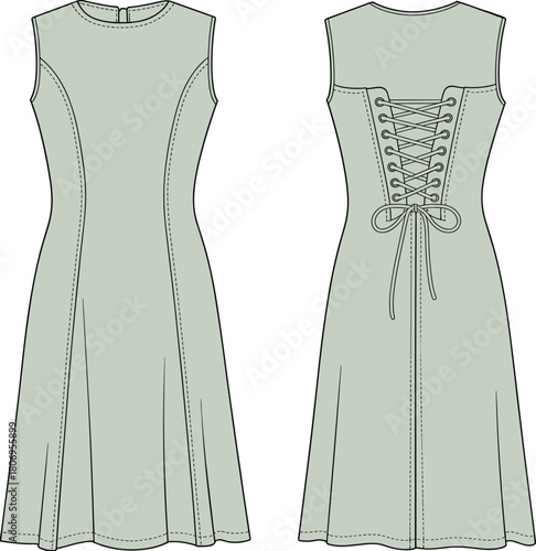 Cad drawing flat vector illustration of sleeveless dress with lace up back, fashion flat technical sketch and garment design template