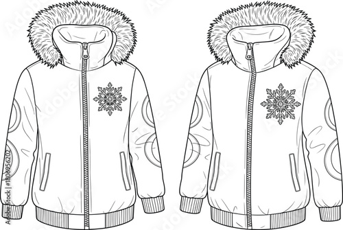 Winter Bomber Puffer Jacket Technical Flat Sketch Vector with Fur Hood, Snowflake Motif, and Sleeve Crescent Graphic Design