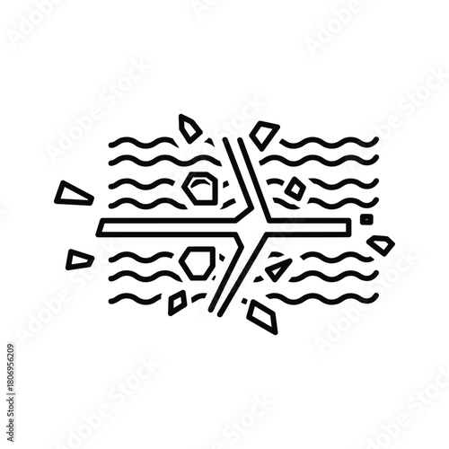 Abstract representation of a destructive event with waves and debris, isolated on