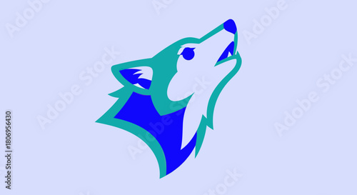 Stylized wolf head howling upwards with vibrant teal and blue colors.