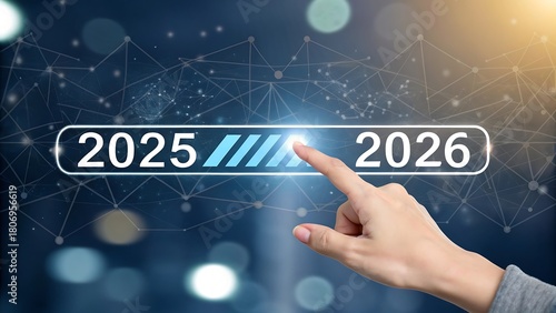 Hand advancing digital progress bar from 2025 to 2026.