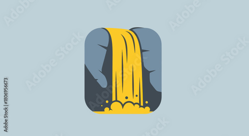 Stylized waterfall illustration with yellow water cascading down the rocks.