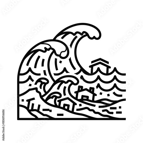 Large ocean wave crashing over houses, depicting a natural disaster and the destructive power of water