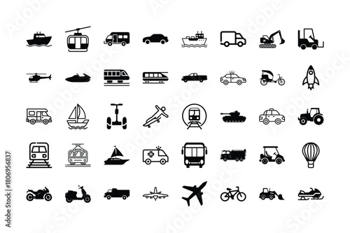 Assorted transport icons in black and white on transparent background silhouette