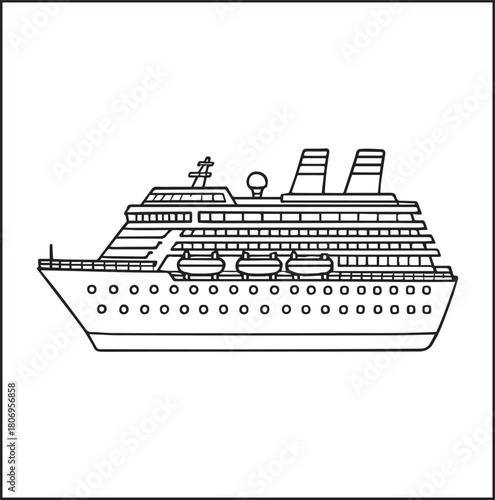 Simple and beautiful ship on sea water black vector line art illustration for children coloring page or book design 