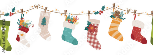 Christmas vector horizontal seamless border with socks, lights, gifts and candies. Perfect for holiday decorating websites, cards, and banners