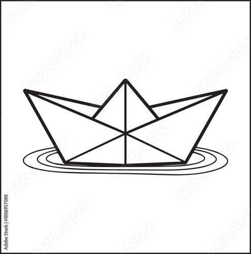 Simple and beautiful paper making boat on water black vector line art illustration for children coloring page or book design 