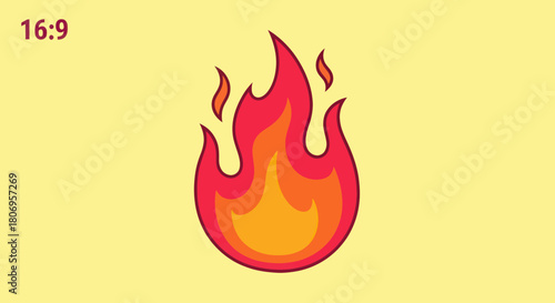 Stylized illustration of a bright orange and red fire flame with a yellow background.