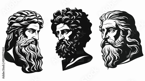 Powerful monochrome portraits of Zeus, majestic Greek god statues with flowing hair and beards