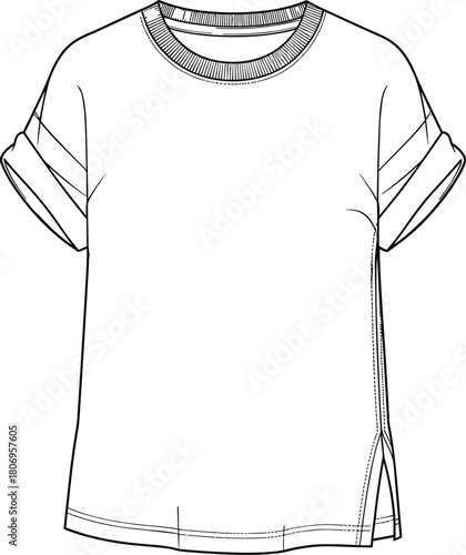 Casual rolled sleeve T-shirt vector template with side slit detail, crew neckline, clean technical flat sketch for fashion design