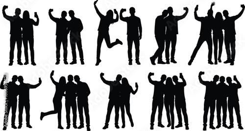 Silhouettes of friends posing for selfies, group smartphone photos, happy social moments, casual people interactions, friendship expressions for creative design use