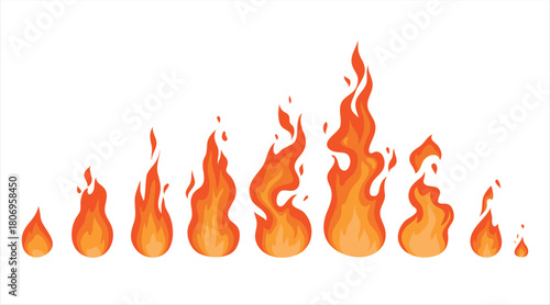 Fire animation sprites. Set of red and orange fire flame. Flames of different shapes. Collection of hot flaming element for game animation. Vector icons in cartoon style,  vector illustration.