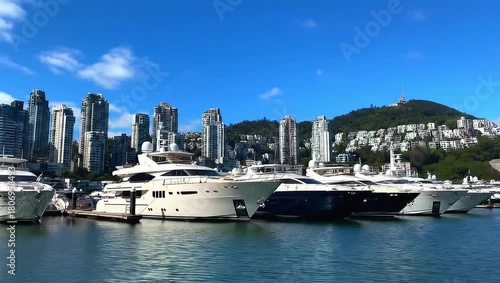 Luxury yachts docked in a vibrant harbor with a modern cityscape and lush green hills under a