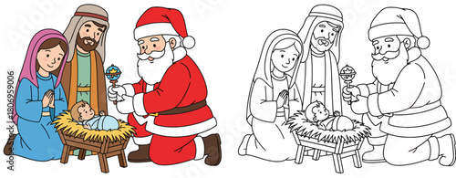 Christmas Nativity scene with Santa Claus visiting Baby Jesus Mary and Joseph cute vector illustration set colored and black and white outline for coloring book.
