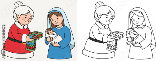 Mrs Claus Offering a Gift Blanket to Mary Holding Baby Jesus Cute Christmas and Nativity Cartoon Illustration with Colored and Line Art Versions