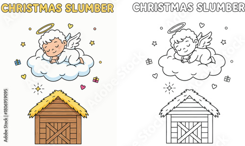 Cute Sleeping Christmas Angel on Cloud Above Nativity Stable Heartwarming Holiday Cartoon Illustration with Colored and Line Art Versions for Kids