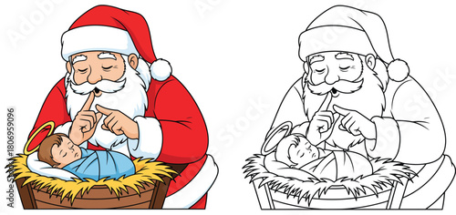 Santa Claus gesturing quiet over sleeping Baby Jesus in manger Christmas nativity vector illustration set colored and black and white outline for coloring book