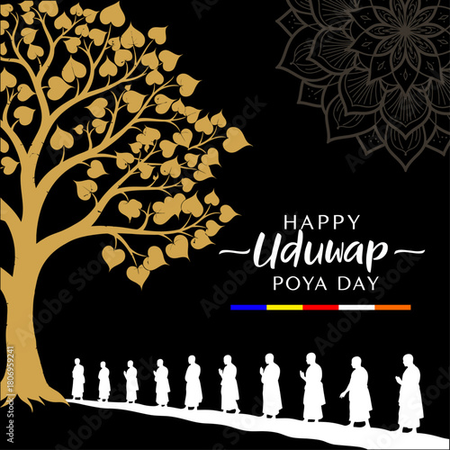 Uduwap Poya Day Wishes Flyer, Monks Silhouettes, Gold Bodhi Tree, Buddhist Festival Social Media Post