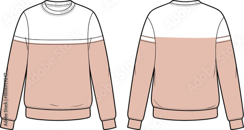 Color block crewneck sweatshirt flat, long sleeve pullover top with contrast yoke, front and back vector template for apparel design