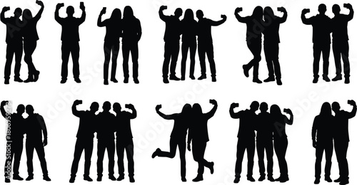Silhouettes of friends taking selfies, posing together, group social moments, smartphone photography, casual people interactions, friendship poses for design use