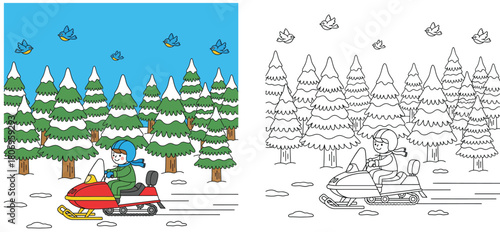 Coloring book page for kids with colored example and outline showing a happy boy riding a red snowmobile in a snowy winter forest with pine trees and birds vector illustration