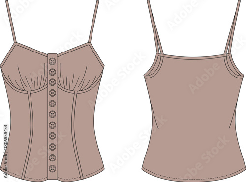 Corset style camisole top, button front fashion flat with spaghetti straps, structured seams, front and back vector template for apparel design