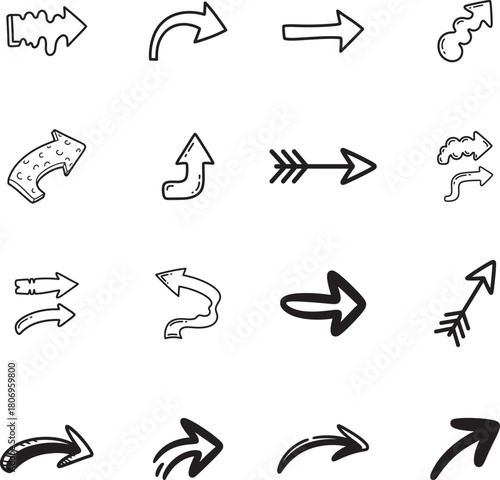 Bumpy Arrow doodle line art collection. Includes line art symbols arrow, direction, pointer, wavy, slide and more. Isolated doodles. Arrow doodle set. 