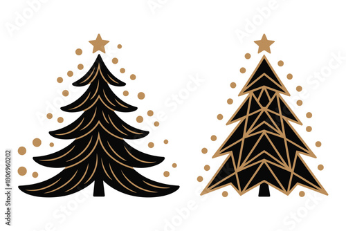 Christmas trees and confetti vector set in art deco style, hand drawn flat festive new year decor, modern glamorous winter xmas trees for design projects, greeting cards, flyers, posters, and icons.