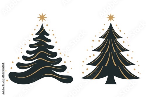 Christmas trees and confetti vector set in art deco style, hand drawn flat festive new year decor, modern glamorous winter xmas trees for design projects, greeting cards, flyers, posters, and icons.