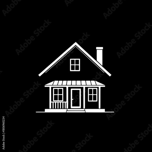 Simplified house line icon, perfectly centered and symmetrical, featuring a classic gable roofline with a subtle peaked silhouette, a slender chimney rising from the roof, a delicate porch structure w