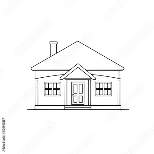 Simplified house line icon, perfectly centered and symmetrical, featuring a classic gable roofline with a subtle peaked silhouette, a slender chimney rising from the roof, a delicate porch structure w