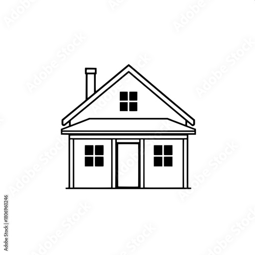 Simplified house line icon, perfectly centered and symmetrical, featuring a classic gable roofline with a subtle peaked silhouette, a slender chimney rising from the roof, a delicate porch structure w